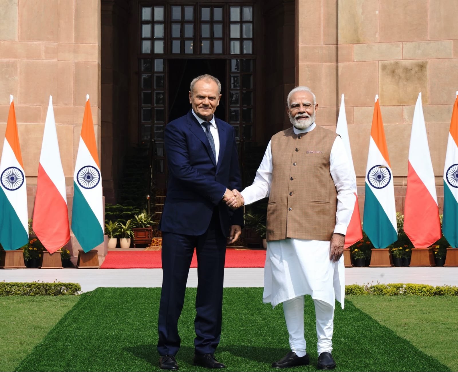H.E. Mr. Narendra Modi, Prime Minister of India warmly received H.E. Mr. Donald Tusk, Prime Minister of Poland at Hyderabad House, 22.10.2026, New Delhi.