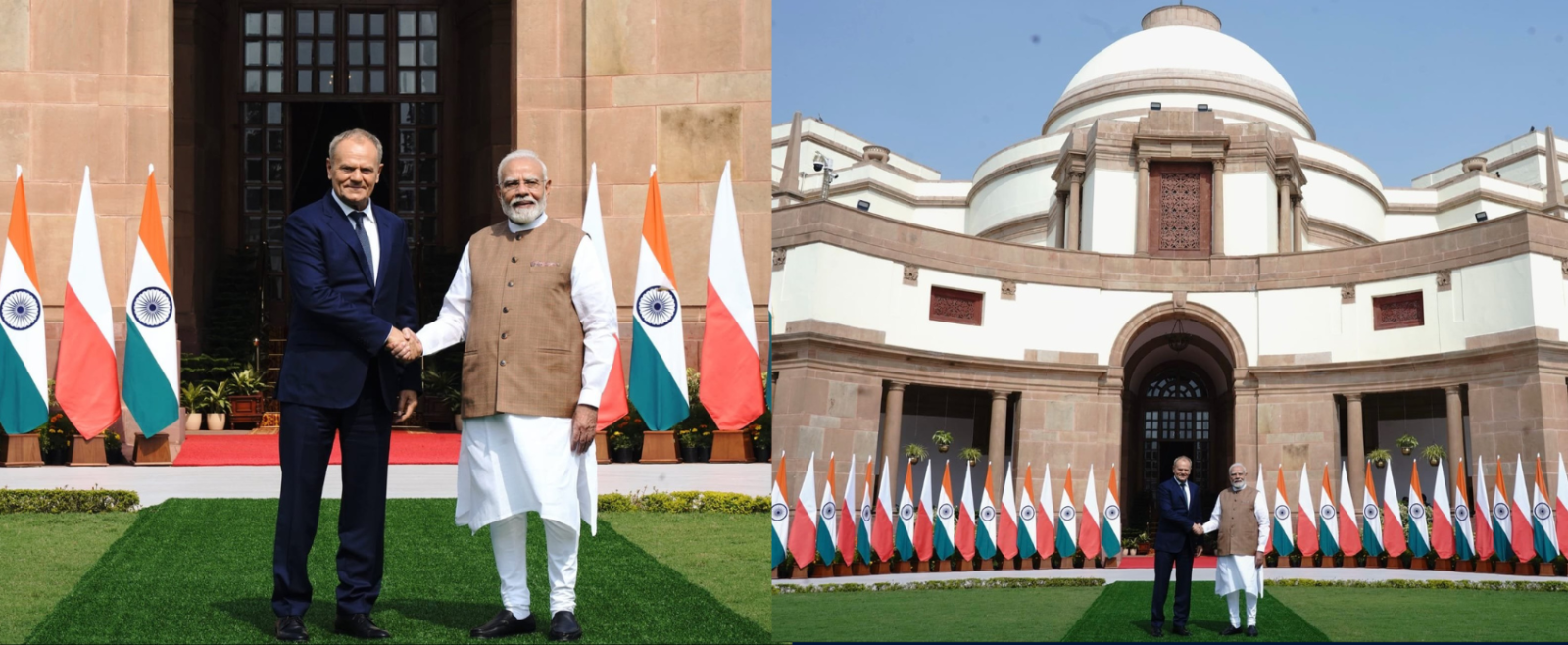 H.E. Mr. Narendra Modi, Prime Minister of India warmly received H.E. Mr. Donald Tusk, Prime Minister of Poland at Hyderabad House, 22.10.2026, New Delhi.