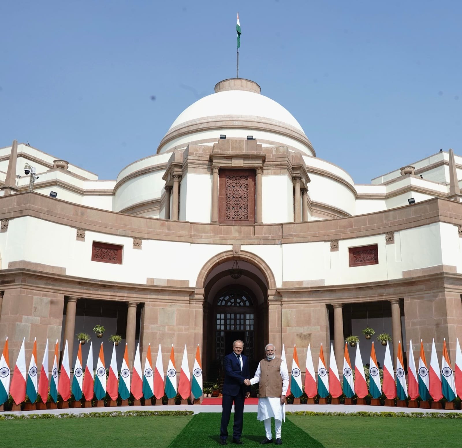 H.E. Mr. Narendra Modi, Prime Minister of India warmly received H.E. Mr. Donald Tusk, Prime Minister of Poland at Hyderabad House, 22.10.2026, New Delhi.